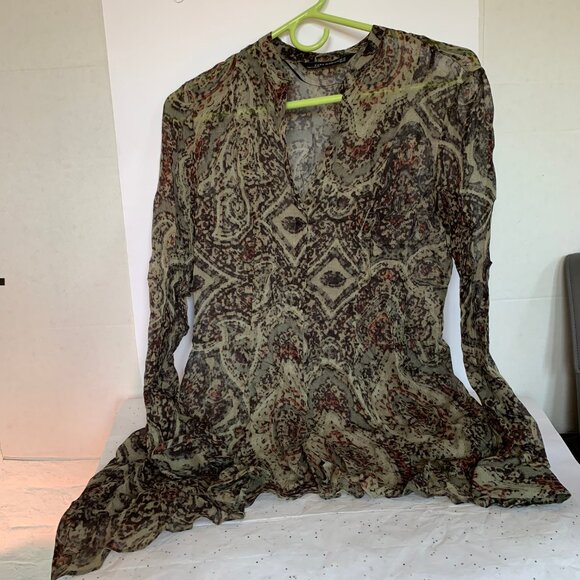 Zara Woman Green Abstract Printed Sheer Asymmetrical Hem Blouse - Oversized XS S - Picture 5 of 13